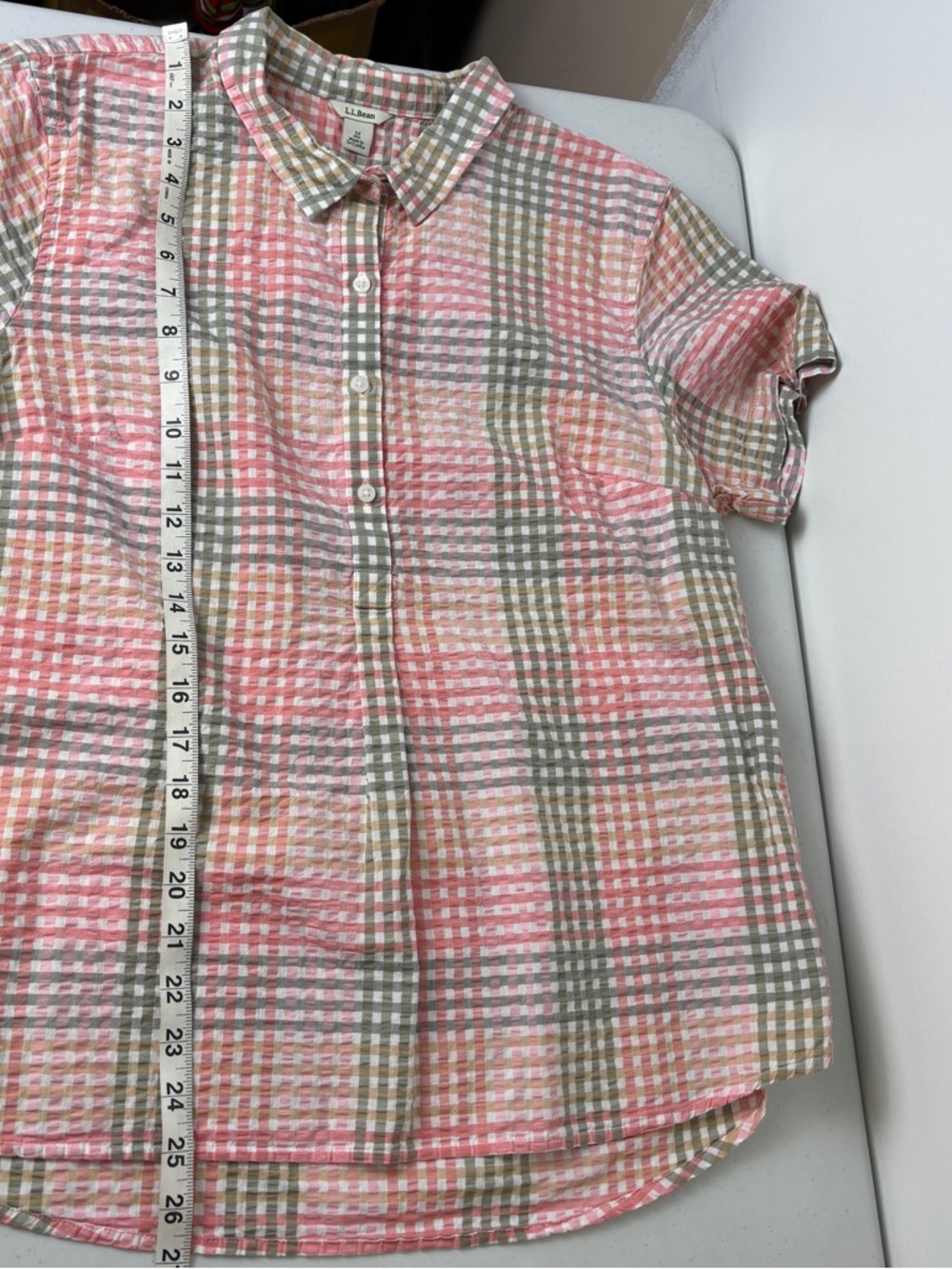 L.L. Bean Pastel Checked Half Button Seersucker Shirt - Picture 5 of 6